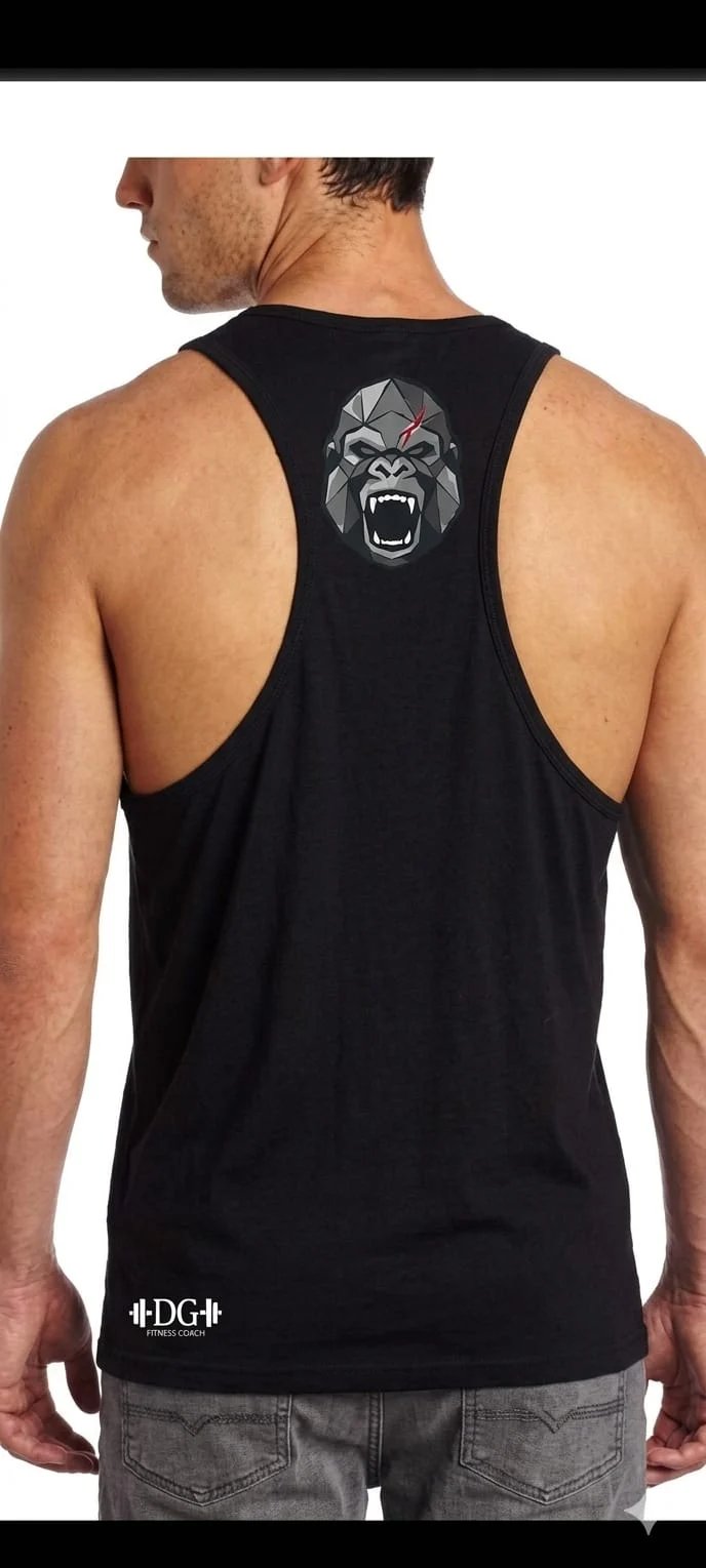 Man wearing black sleeveless tank top with angry gorilla face graphic on back, shown from behind