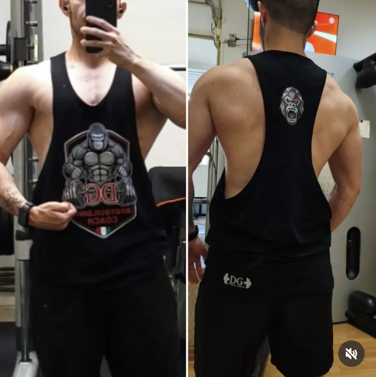 Two mirror selfies of a muscular man wearing a black tank top with graphic design, showing front and back views in a gym setting