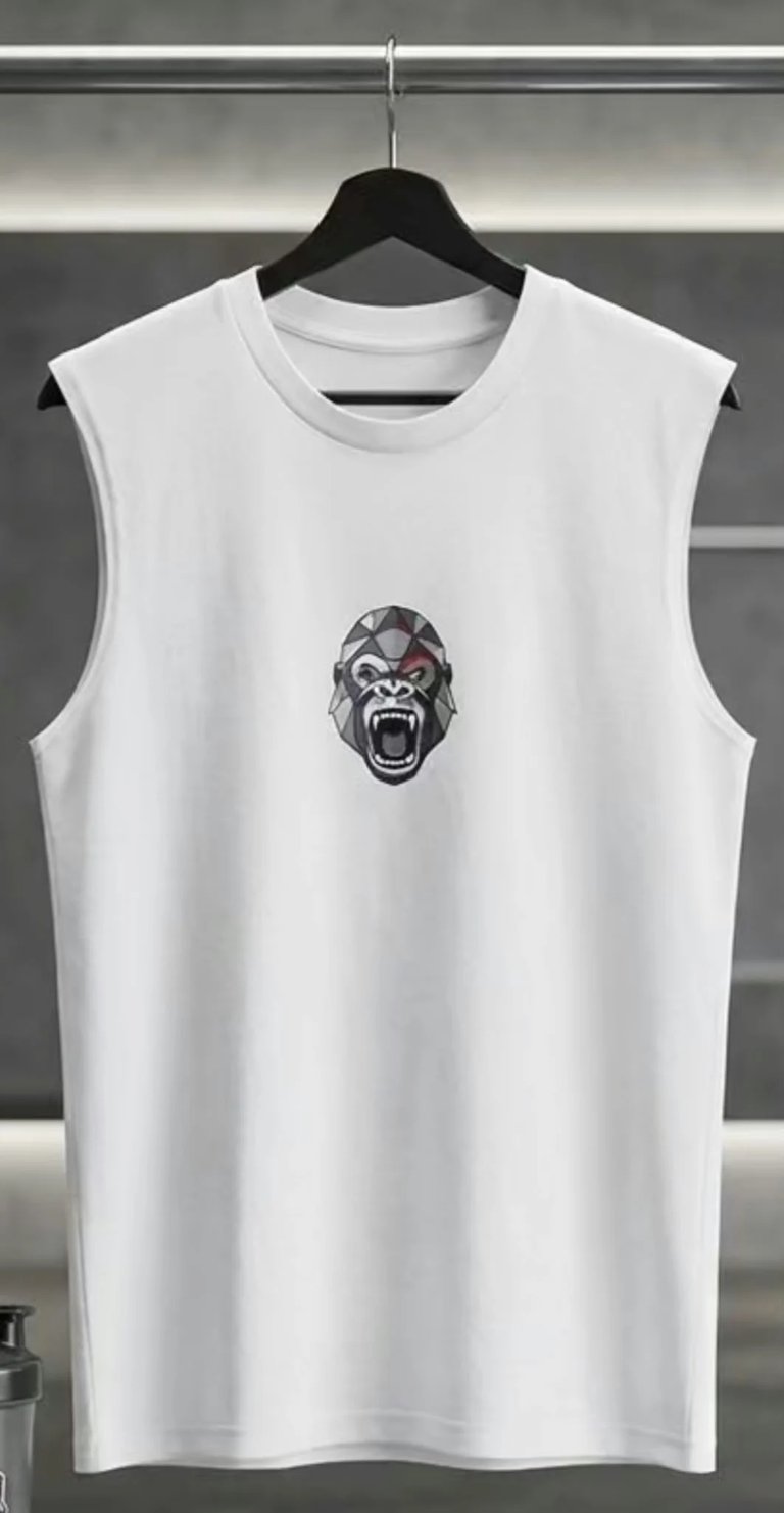 White sleeveless tank top with a roaring gorilla head graphic on the chest, displayed on a black hanger
